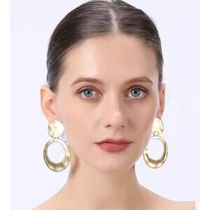 Clip on 3" Xlarge matte gold flat hammered graduated hoop earrings